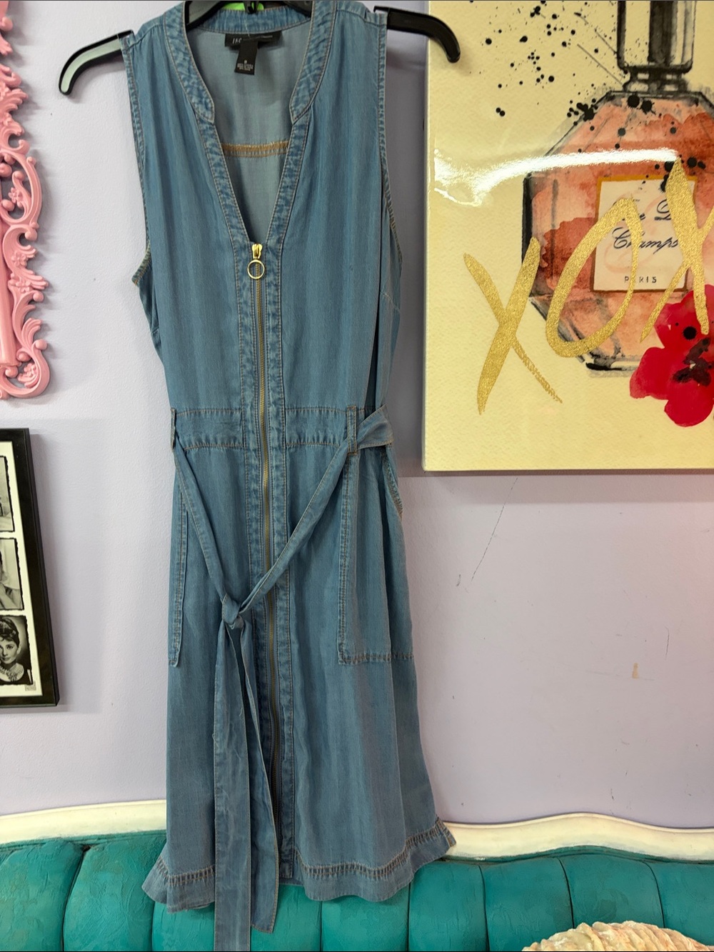 INC International Concepts Light Blue Denim Zip-Front Sleeveless Dress